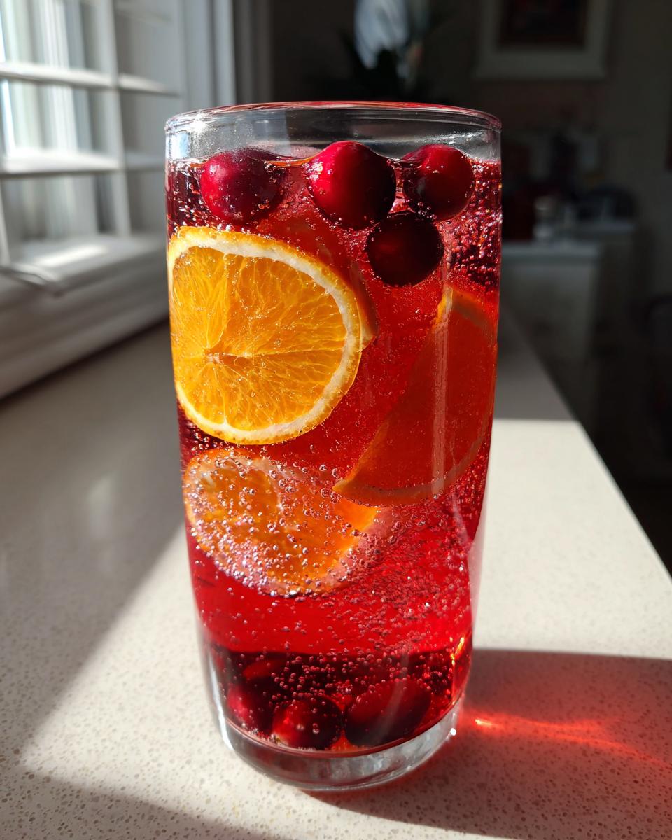 Close-up of a tall glass filled with sparkling red Thanksgiving punch, garnished with orange slices and whole cranberries.