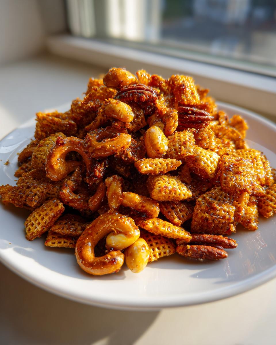 A close-up of a mound of shiny, glazed chex party mix featuring Chex cereal, pretzels, peanuts, and pecans on a white plate.
