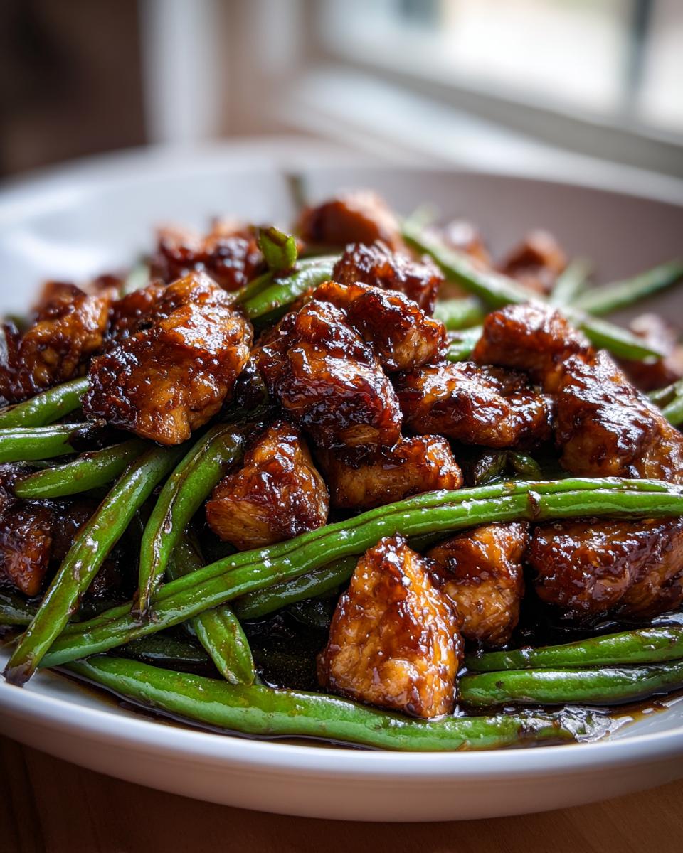 Close-up of glossy, saucy chicken pieces mixed with bright green beans, a perfect chicken and green beans dinner.