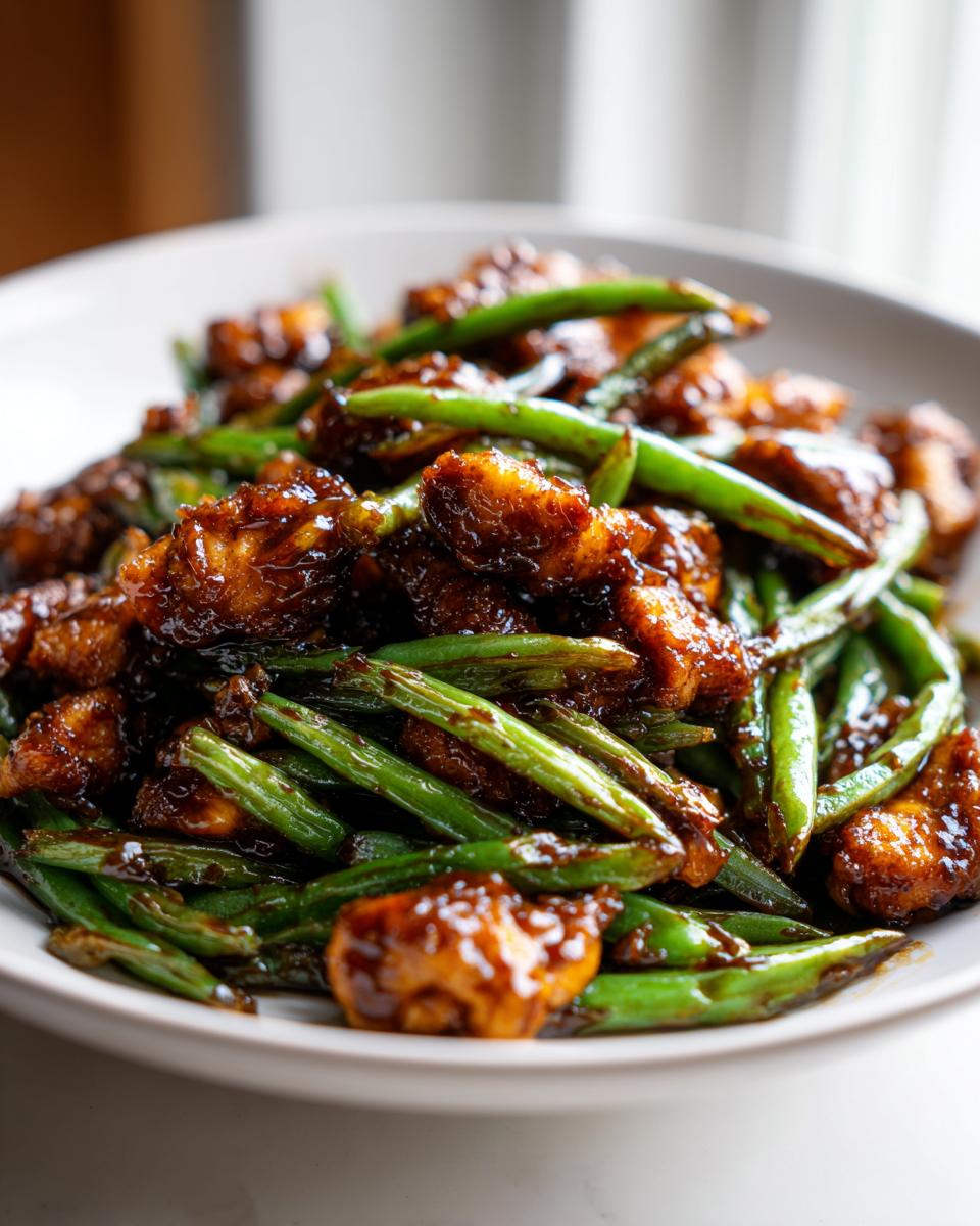 Close-up of saucy, glazed chicken and bright green beans, highlighting the amazing chicken and green beans dinner.