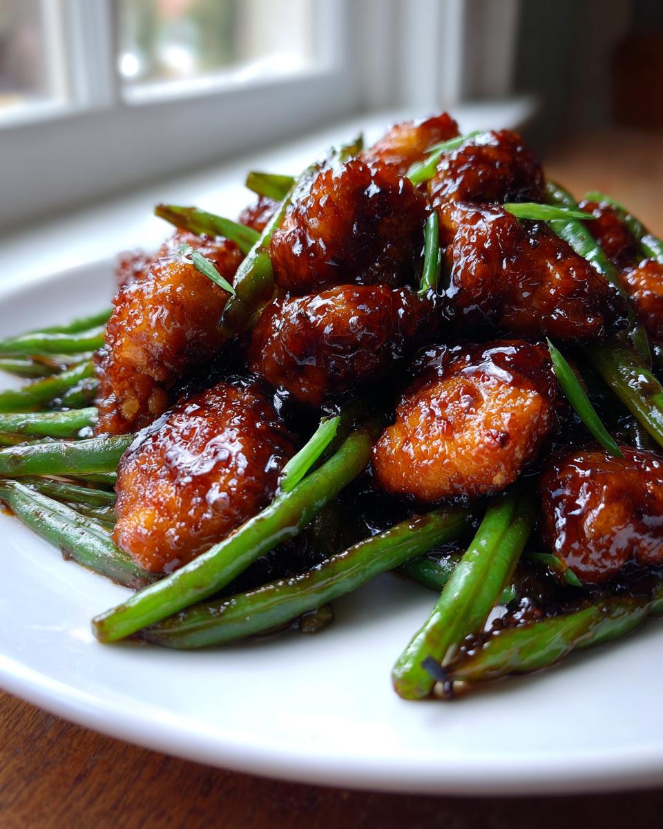 Close-up of glazed, saucy chicken pieces mixed with vibrant green beans, a perfect chicken and green beans dinner.