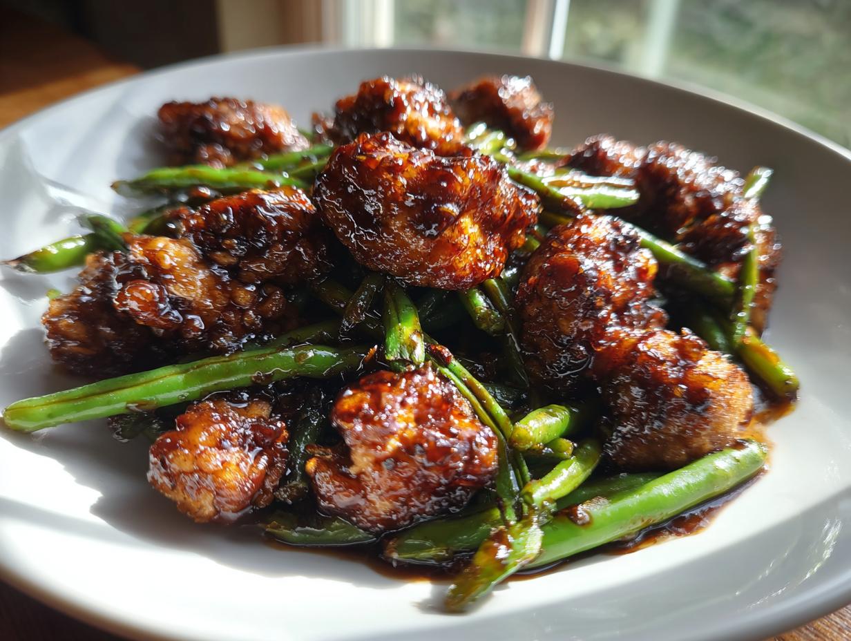 Close-up of glazed, dark brown chicken pieces mixed with bright green beans, served on a white plate.