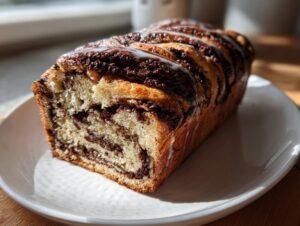A freshly baked chocolate babka loaf, showing its swirled interior and white glaze, resting on a white plate.