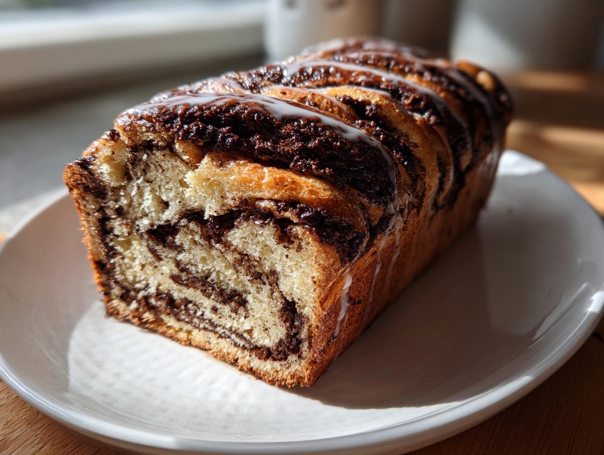 A freshly baked chocolate babka loaf, showing its swirled interior and white glaze, resting on a white plate.