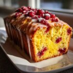 A bright yellow loaf of cranberry orange bread topped with white glaze and fresh cranberries.