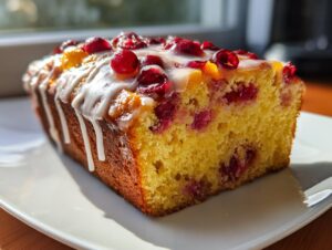 Close-up of a moist slice of cranberry orange bread topped with bright red cranberries and white glaze.