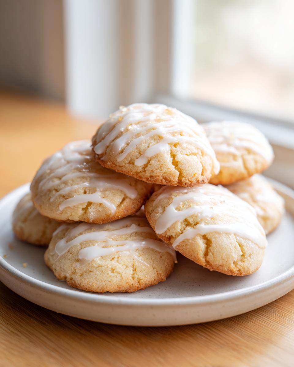 A stack of soft, glazed ricotta cookies piled high on a light-colored plate.