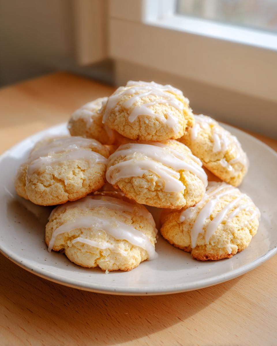 A stack of soft, glazed ricotta cookies piled high on a speckled white plate, catching natural light.