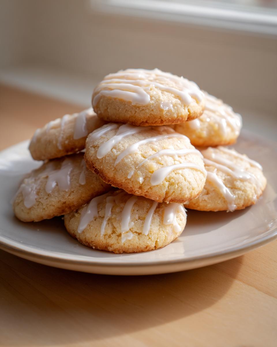 A stack of soft, glazed ricotta cookies piled on a light-colored plate near a window.