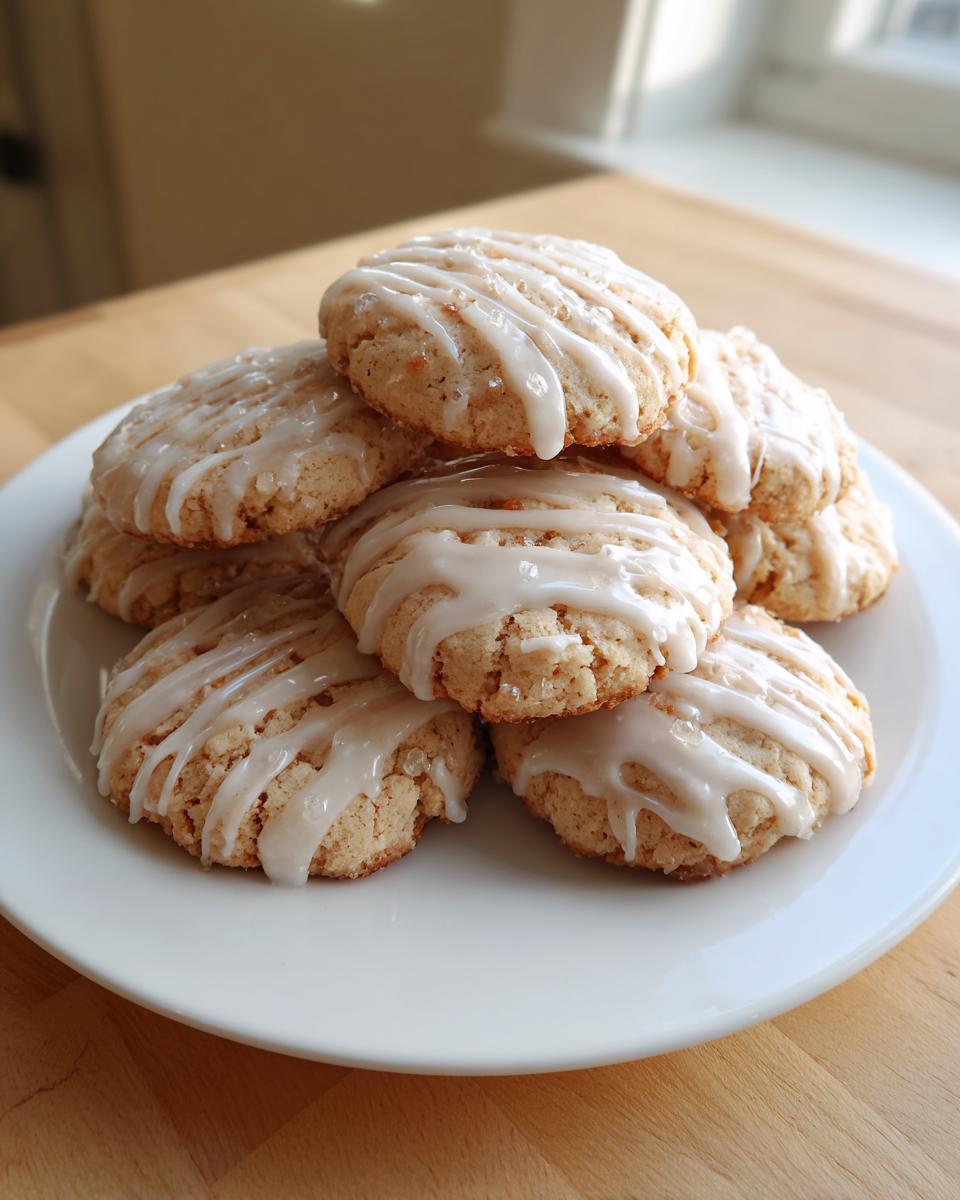A stack of soft, glazed ricotta cookies drizzled with white icing, resting on a white plate.