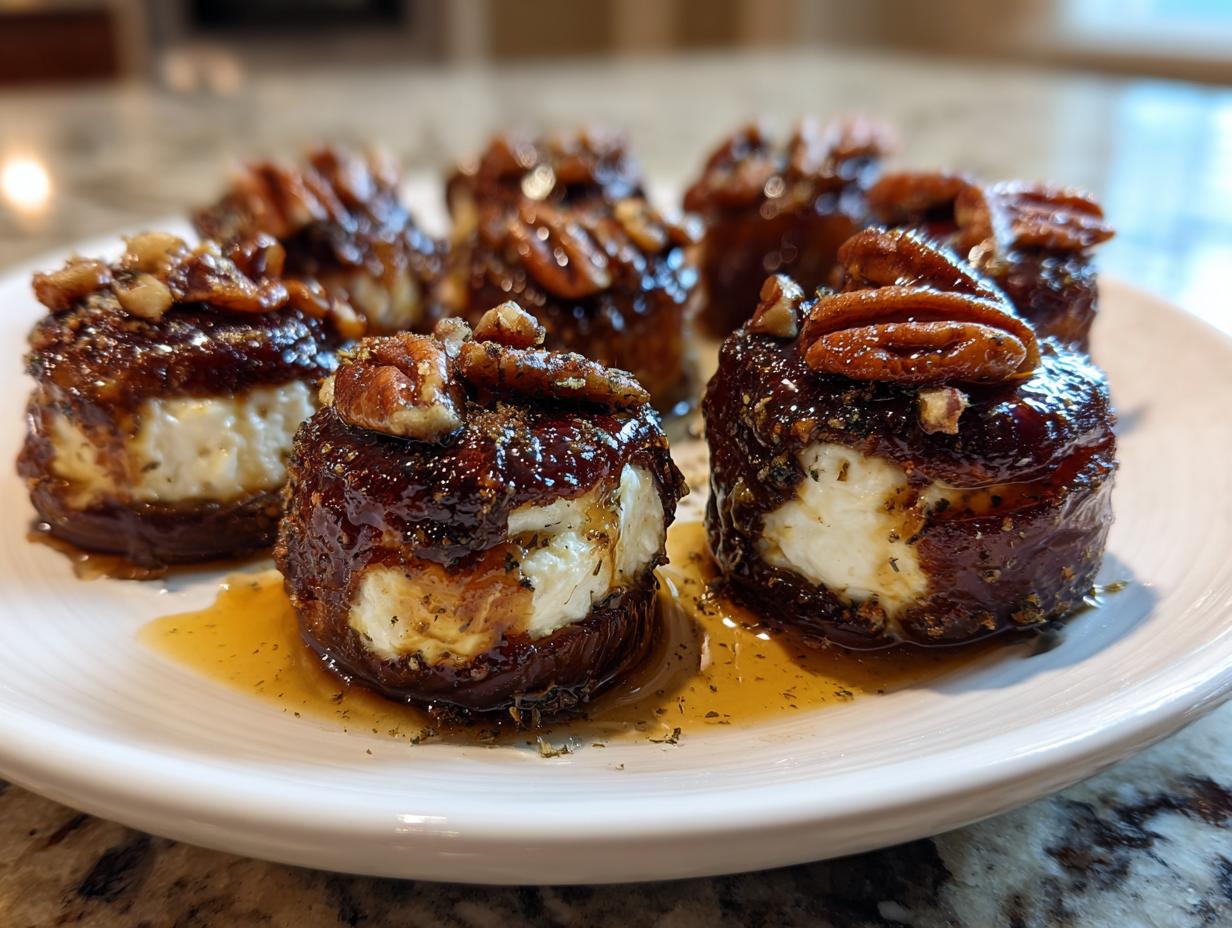 Close-up of several glazed stuffed dates filled with creamy cheese and topped with a pecan half.