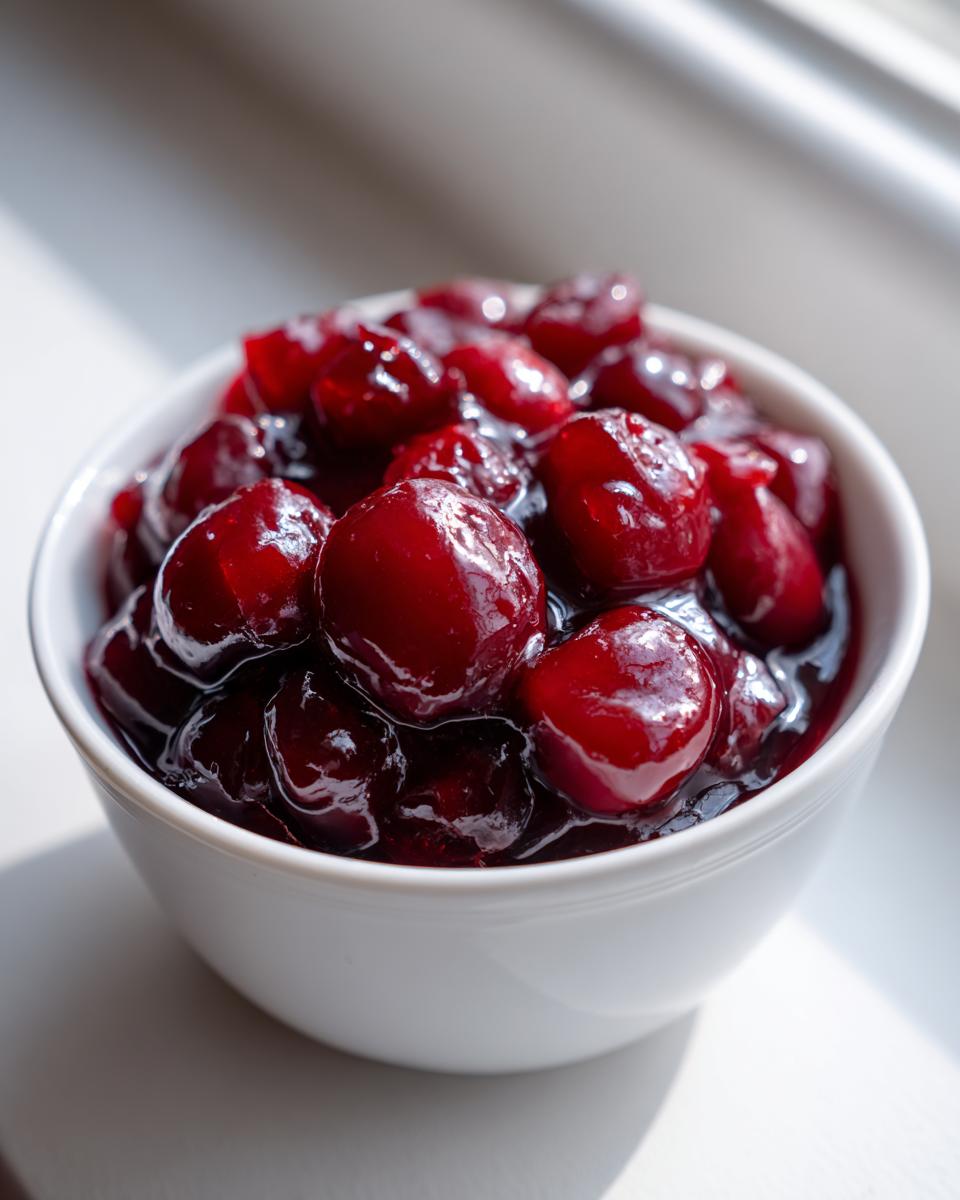 Close-up of glossy, deep red cherry pie filling served in a small white bowl, brightly lit.