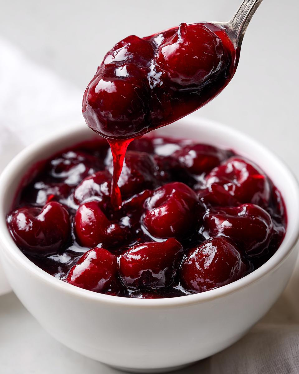 A spoonful of thick, glossy cherry pie filling is lifted from a white bowl filled with whole cherries in syrup.