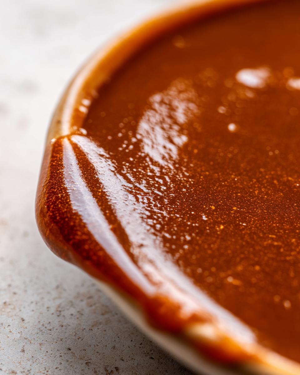Extreme close-up of rich, glossy homemade brown gravy clinging to the edge of a small dish.