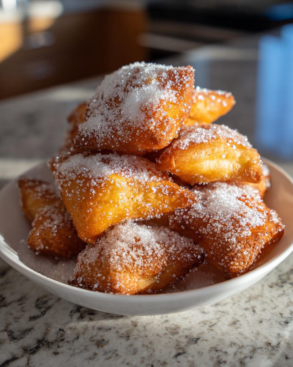 A close-up of freshly fried, golden brown buñuelos generously coated in sparkling white granulated sugar, served in a white bowl.