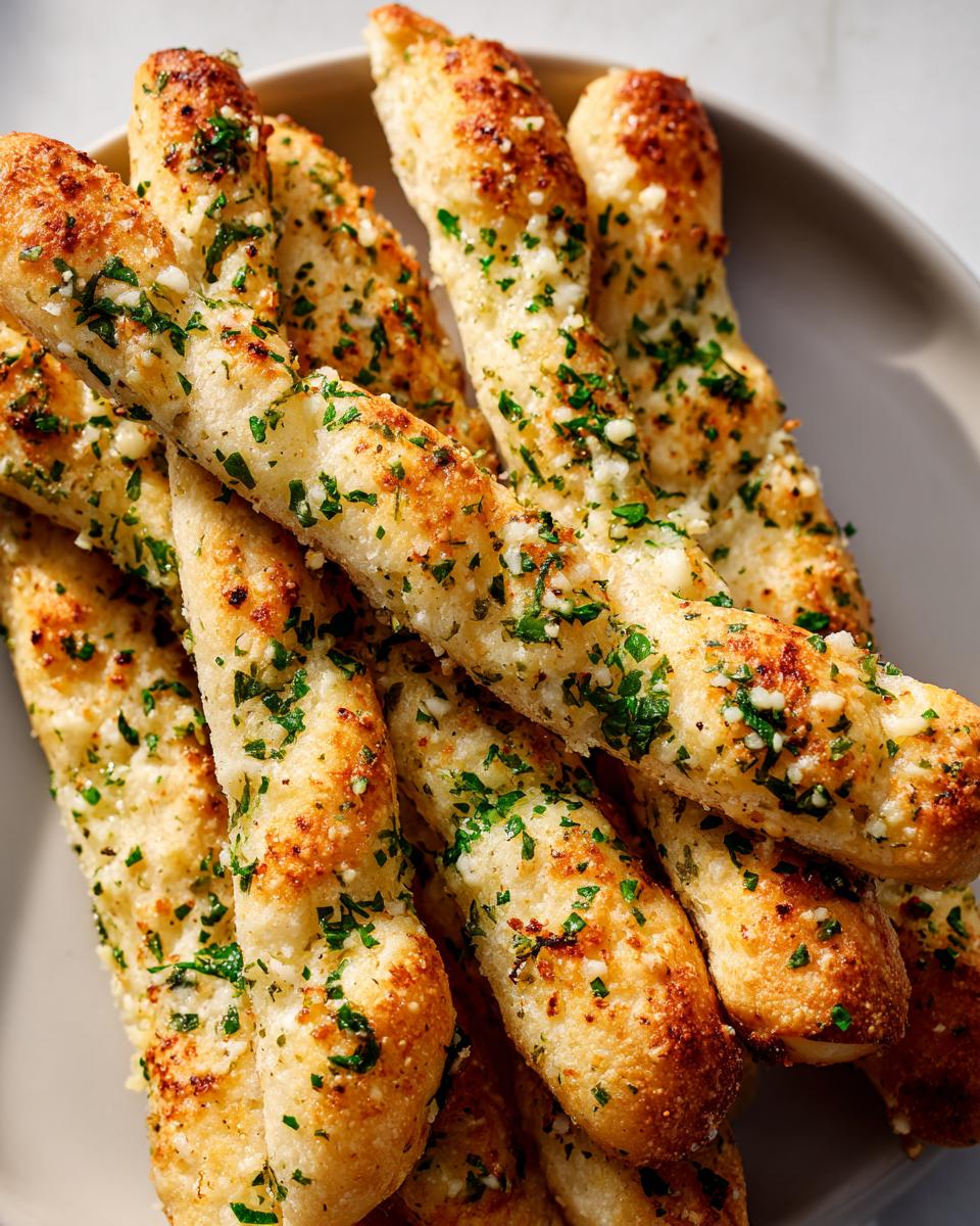 Close-up of freshly baked, golden breadsticks generously coated with garlic, melted cheese, and fresh parsley.