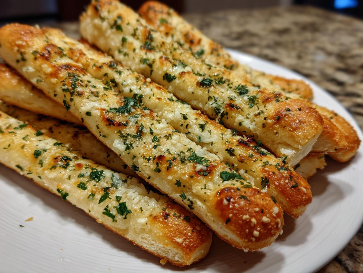 Close-up of several golden brown, freshly baked breadsticks seasoned with garlic and parsley on a white plate.