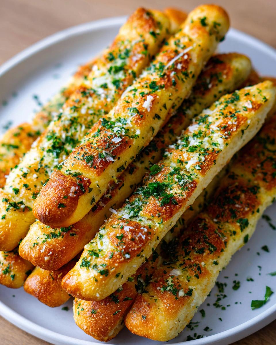 A pile of freshly baked, golden brown breadsticks seasoned with garlic, grated Parmesan cheese, and fresh chopped parsley.
