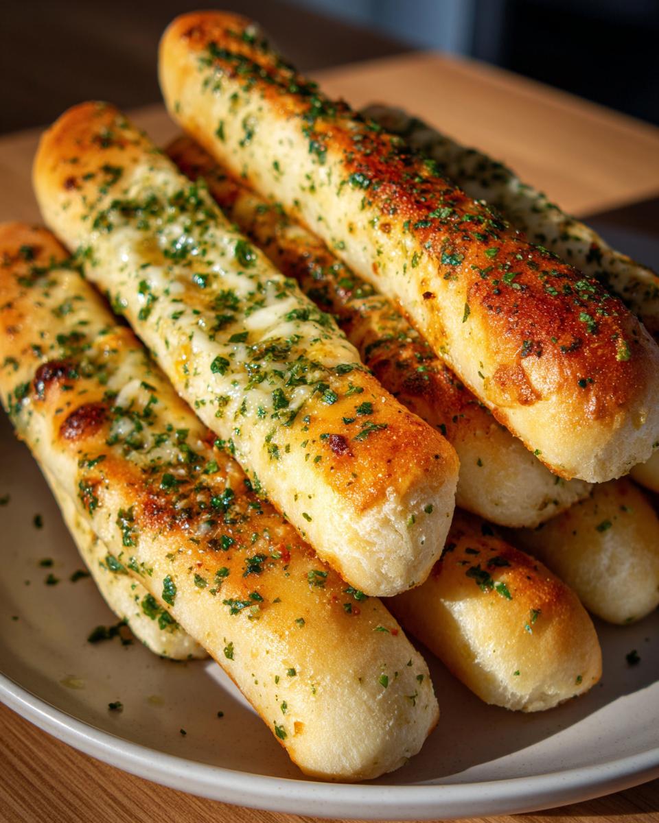 A close-up of several golden-brown, soft breadsticks piled on a plate, seasoned with garlic butter and green herbs.