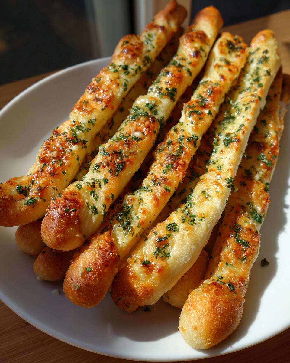 Close-up of golden, cheesy garlic breadsticks topped with fresh parsley served on a white plate.