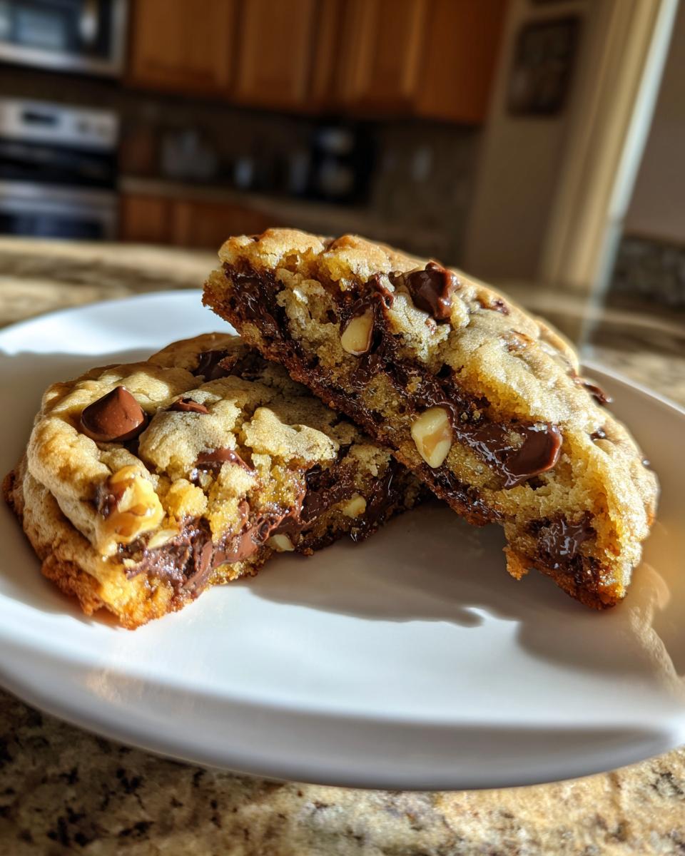 Two halves of a thick, gooey levain bakery chocolate chip cookie showing melted chocolate and nuts, resting on a white plate.