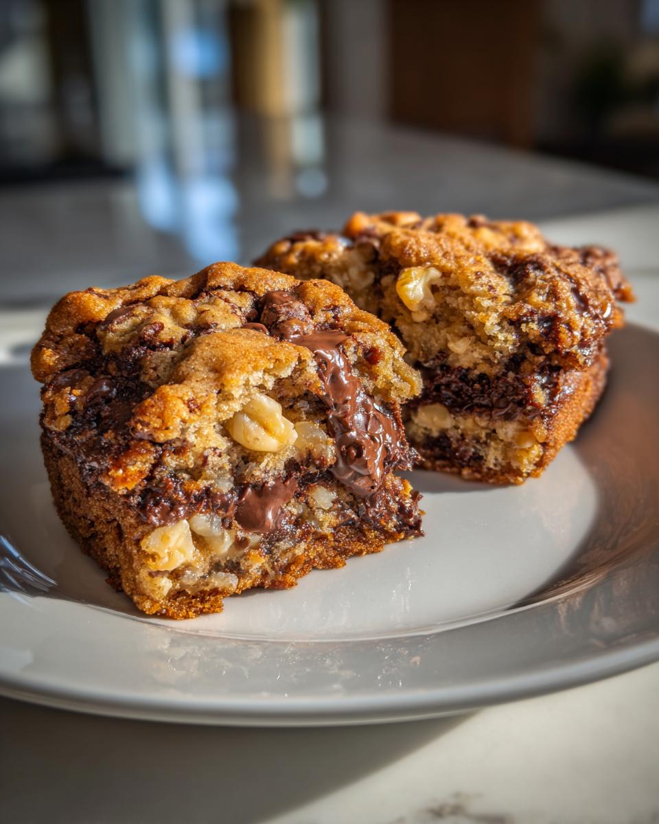 Close-up of two halves of a thick levain bakery chocolate chip cookie showing melted chocolate and walnuts inside.