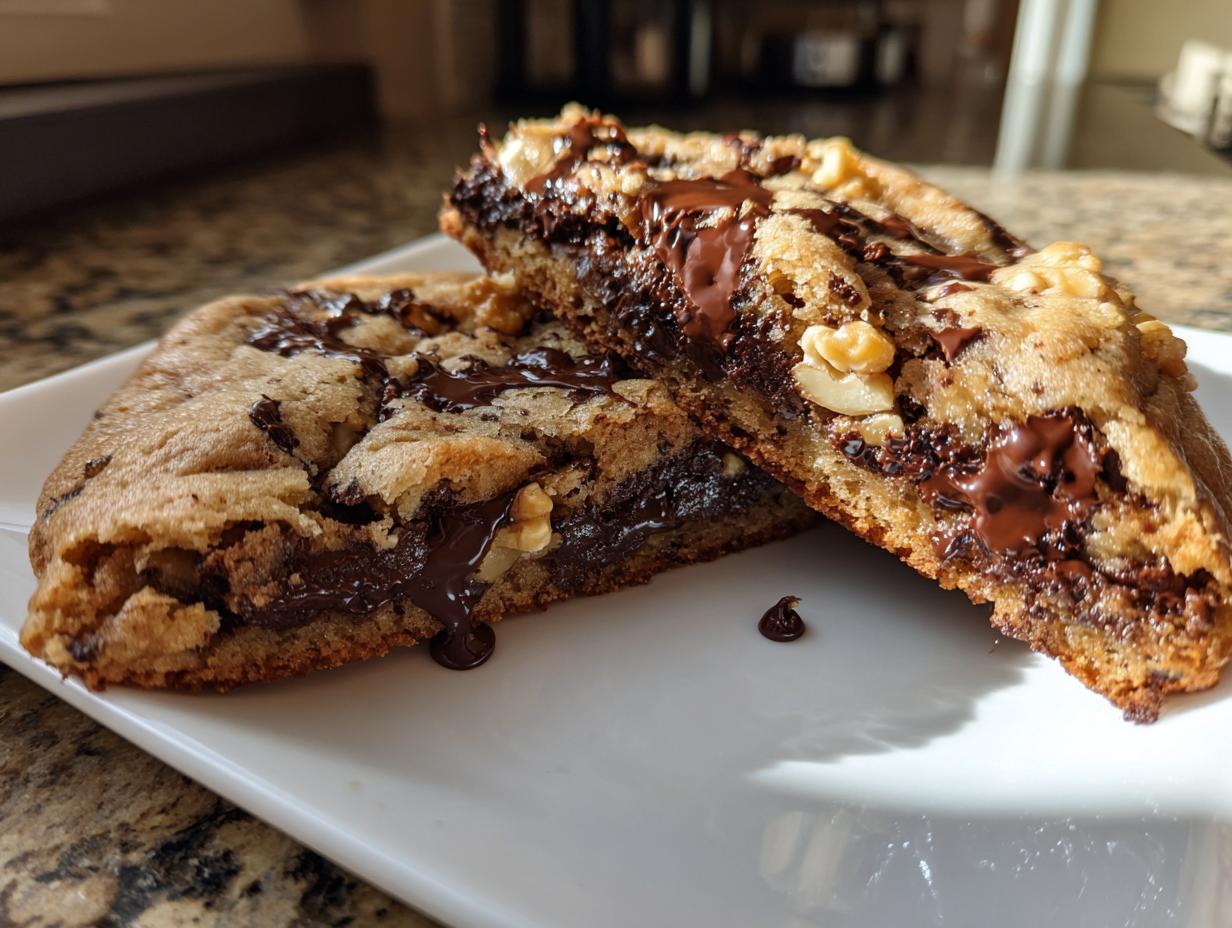 Close-up of a thick levain bakery chocolate chip cookie cut in half, showing melted chocolate and walnuts inside.