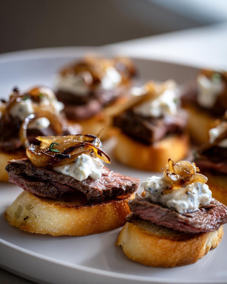 Close-up of several steak crostini bites featuring sliced steak, blue cheese, and caramelized onions on toasted bread.