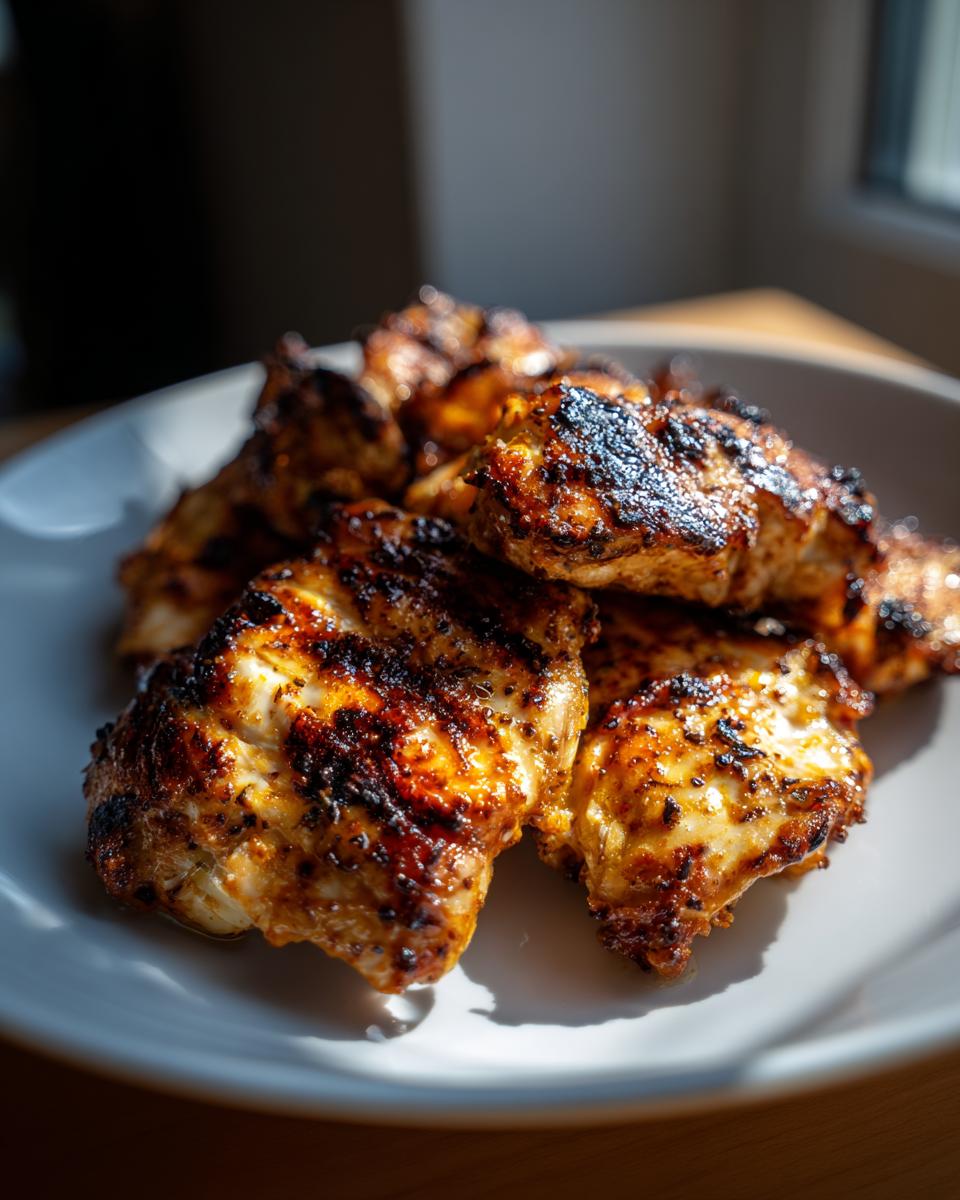 Close-up of grilled chicken pieces showing char marks, likely from a delicious chicken marinade, served on a white plate.