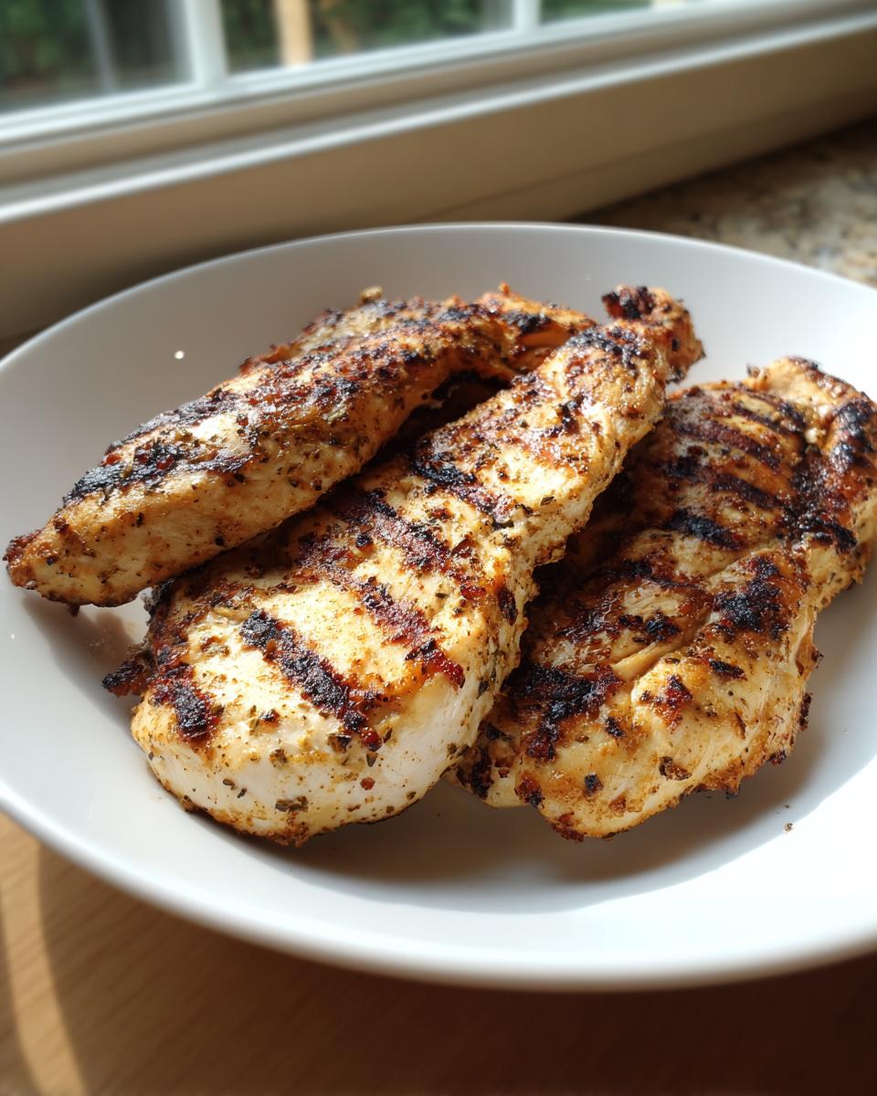 Three pieces of grilled chicken breast showing distinct char marks, seasoned with herbs, ready to eat after applying a chicken marinade.