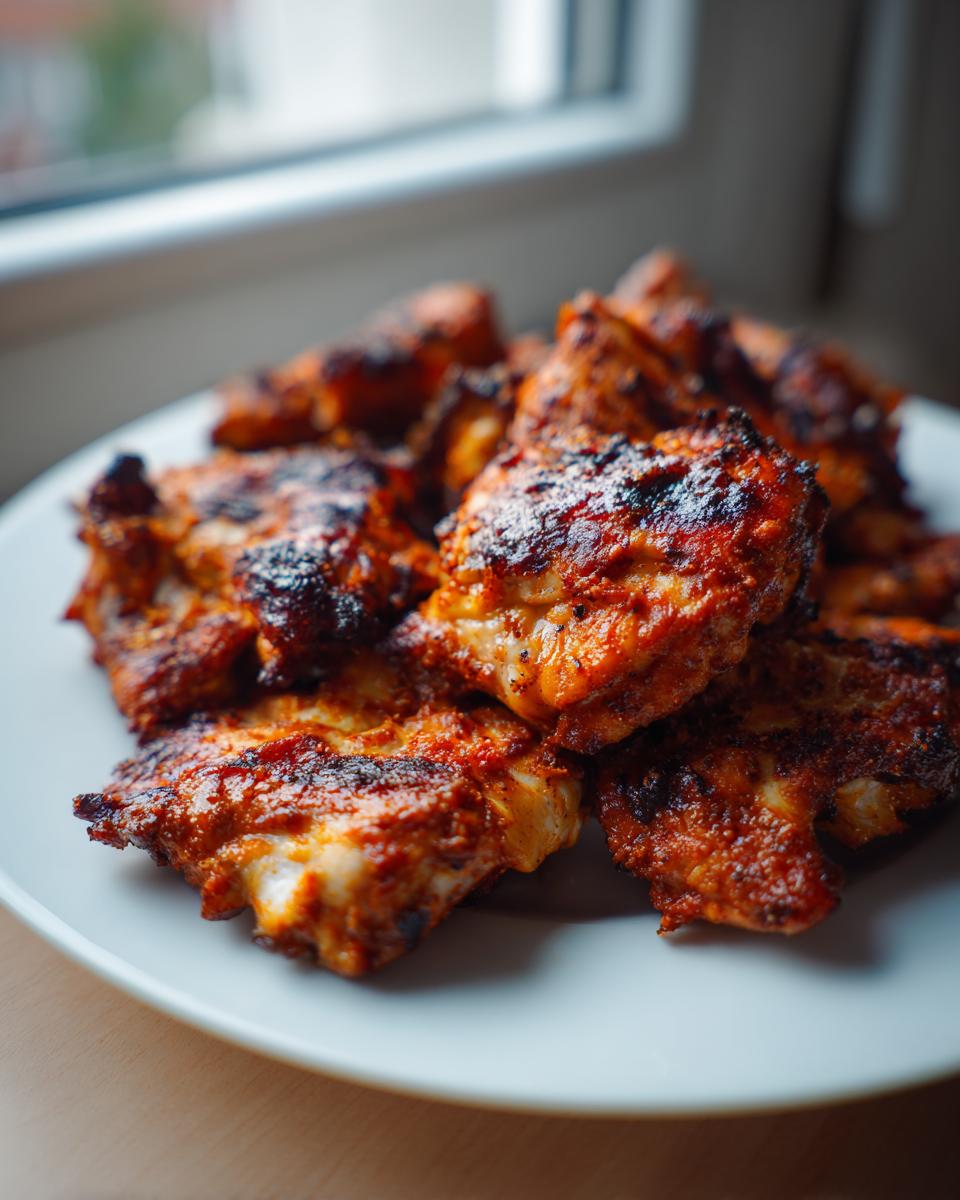 Close-up of grilled chicken pieces coated in a vibrant red chicken marinade, piled on a white plate.