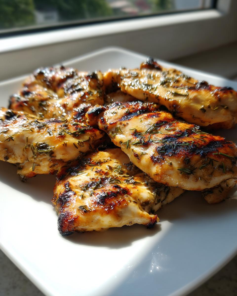 Close-up of perfectly grilled chicken pieces coated in a savory herb chicken marinade, showing char marks.