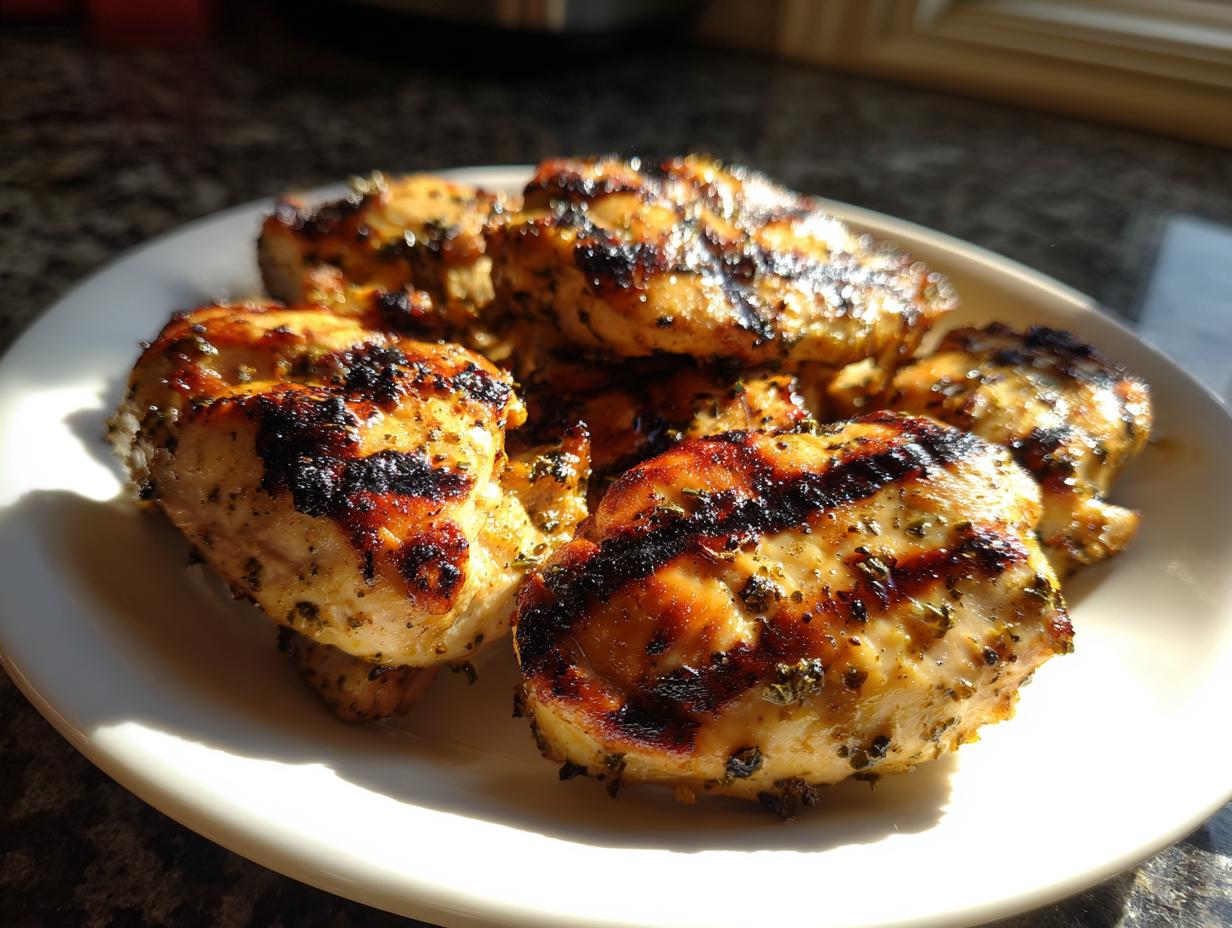 Close-up of perfectly grilled chicken pieces coated in herbs, showcasing char marks from the grill, likely prepared with a flavorful chicken marinade.
