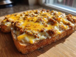 Close-up of a slice of bread topped with sausage mixture and melted white and cheddar cheese for the hanky panky recipe.