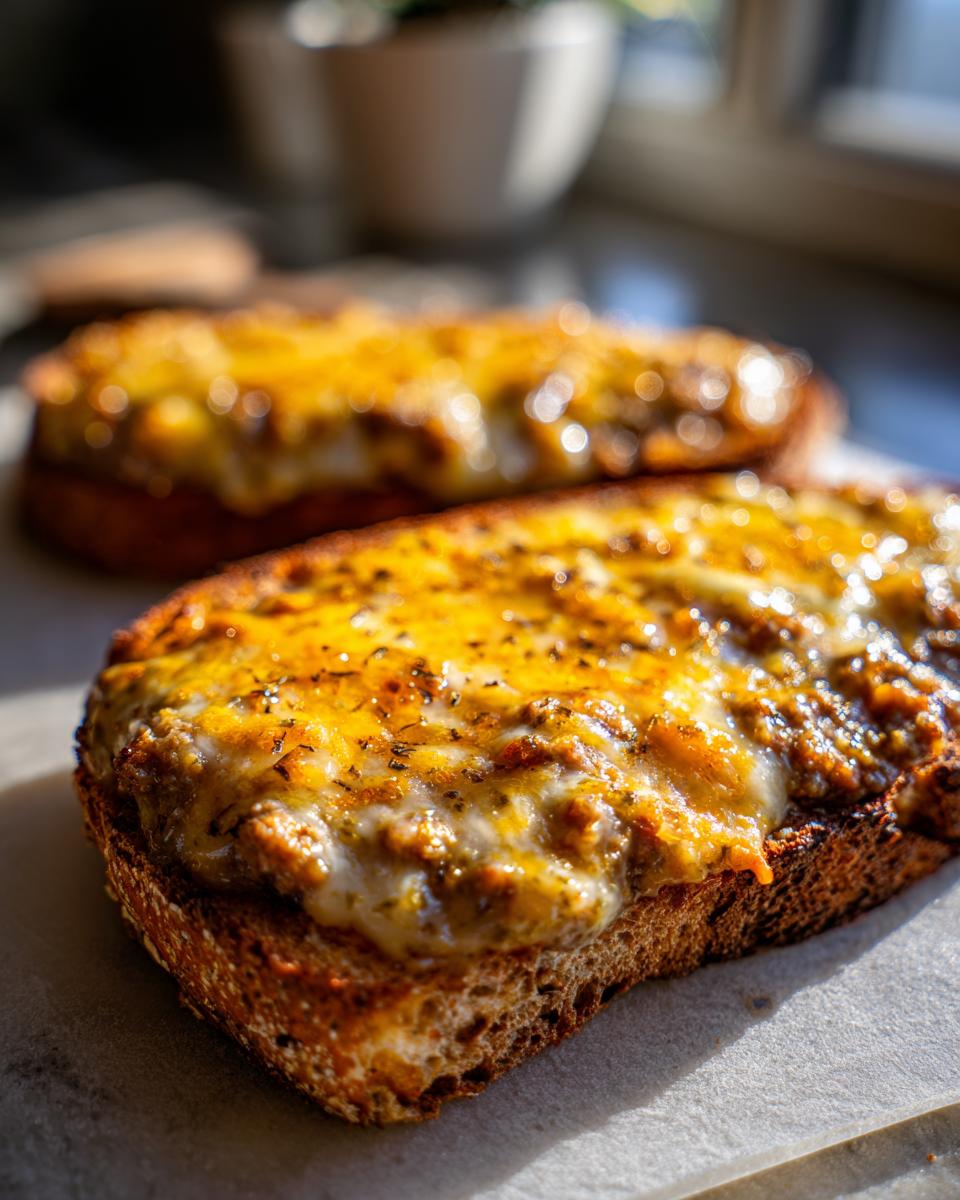 Close-up of a piece of toasted bread topped with a savory, cheesy mixture, ready to serve as a hanky panky recipe appetizer.