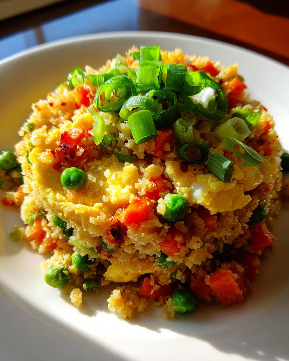 A mound of golden cauliflower rice mixed with scrambled egg, peas, and carrots, topped with fresh green onions.