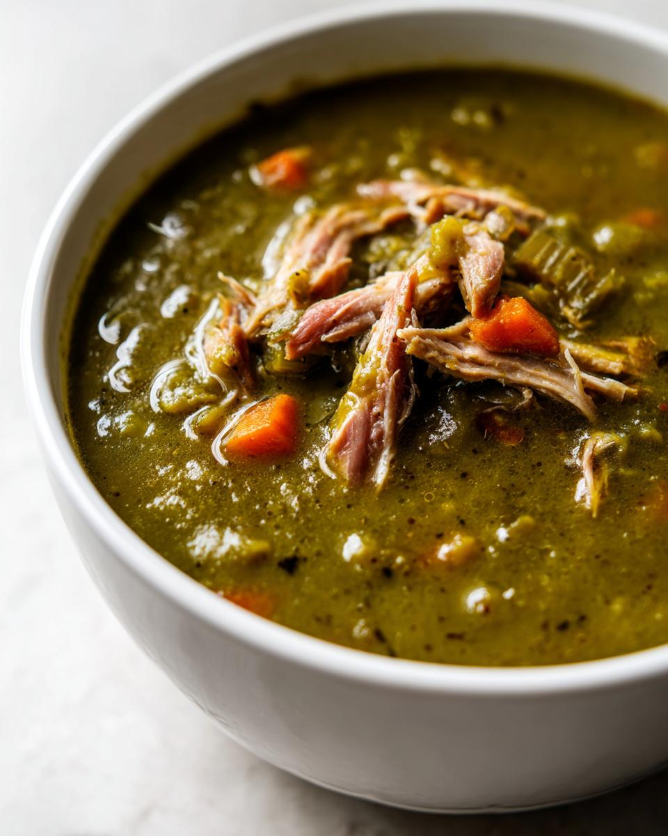 Close-up of a thick, green pea soup topped with shredded meat and diced carrots in a white bowl.