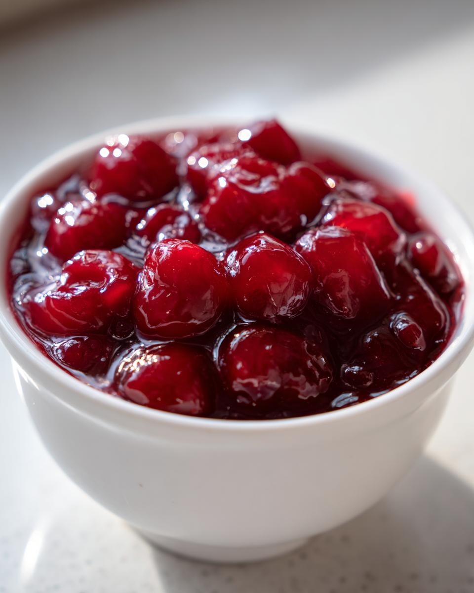 A close-up of glossy, deep red cherry pie filling packed with whole cherries in a small white bowl.
