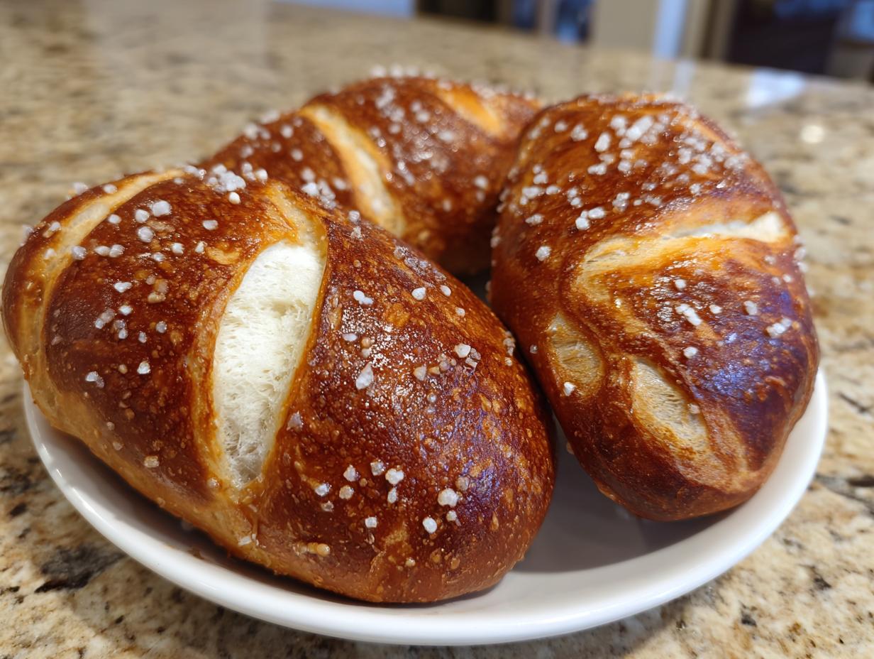 Three freshly baked pretzel dogs buns, golden brown and topped with coarse salt, resting on a white plate.