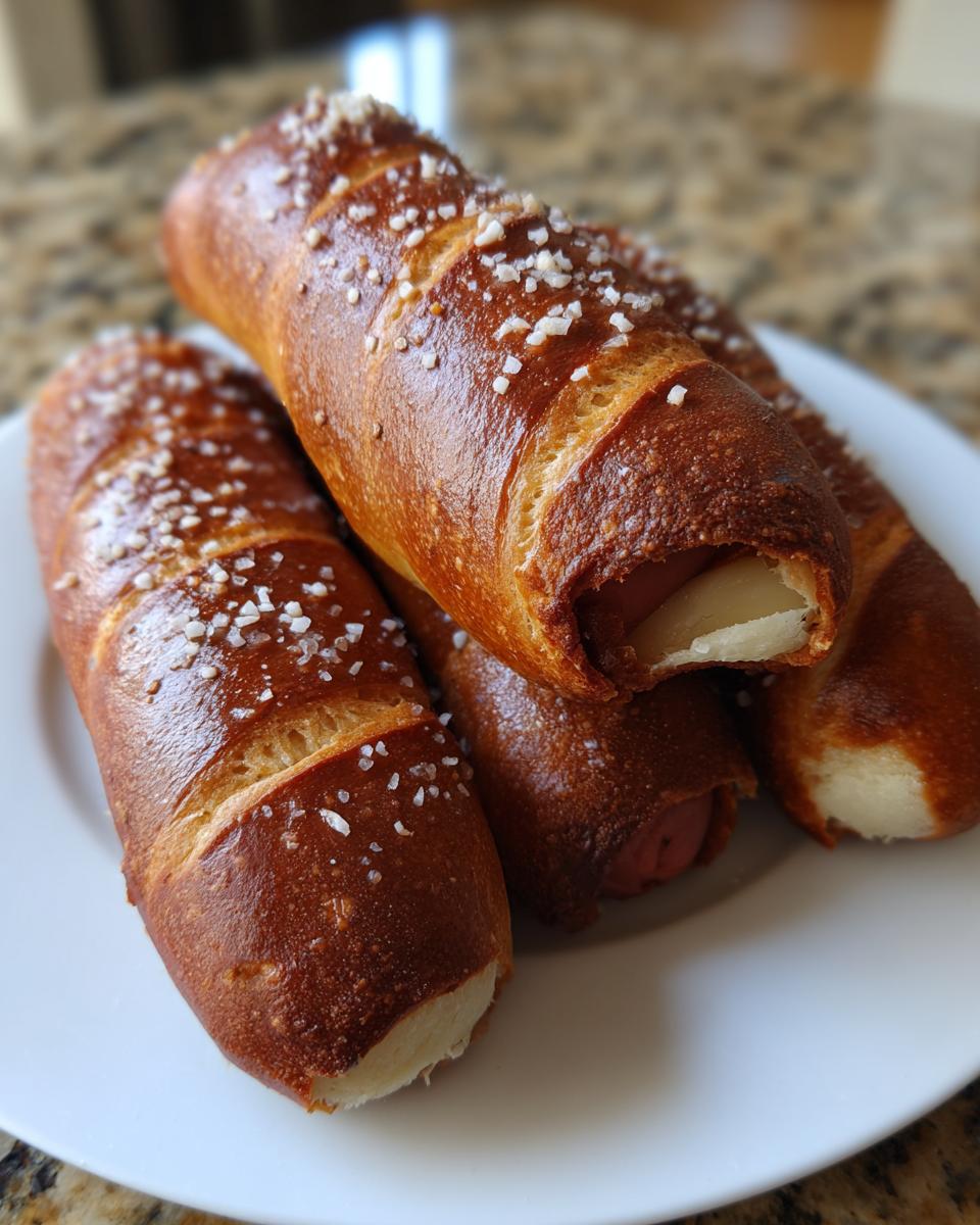 Four homemade pretzel dogs with a deep brown, shiny crust and coarse salt, served on a white plate.