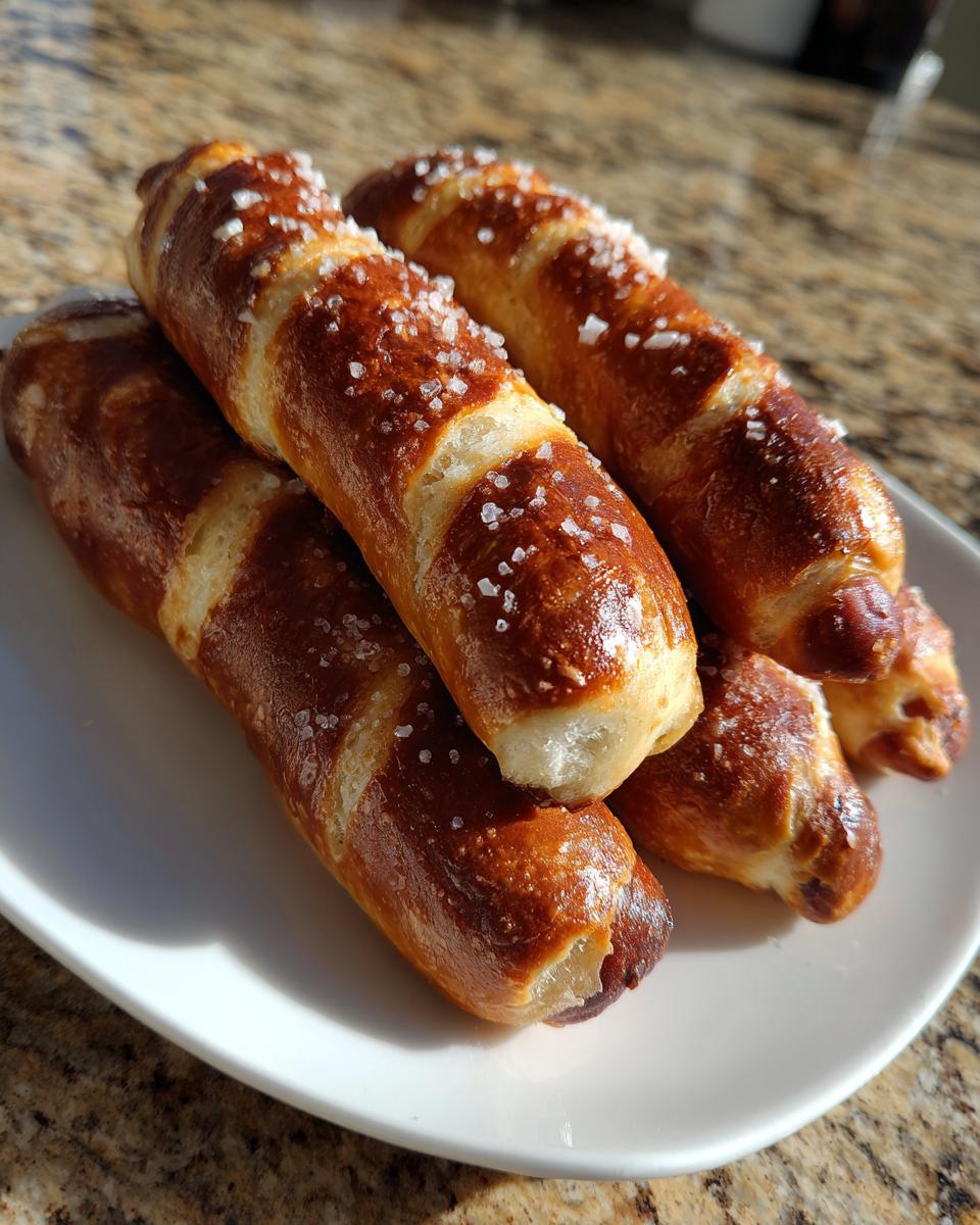 A stack of freshly baked pretzel dogs with coarse salt, glistening under sunlight on a white platter.
