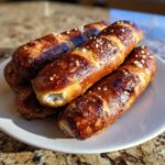 A stack of shiny, golden-brown homemade pretzel dogs sprinkled with coarse salt resting on a white plate.