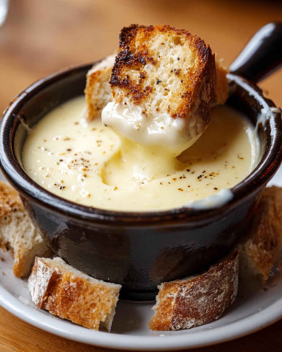 A piece of toasted bread being dipped into creamy, hot cheese fondue seasoned with pepper.