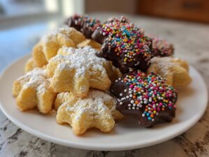 A plate piled high with star-shaped Italian butter cookies, some dusted with powdered sugar and others dipped in chocolate and rainbow sprinkles.
