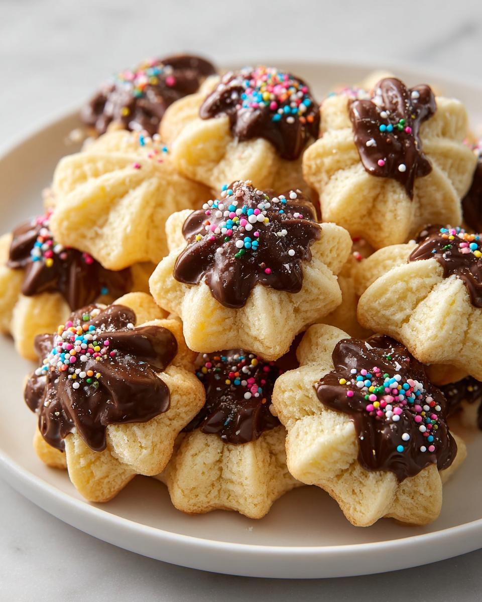 A close-up pile of star-shaped Italian butter cookies dipped in melted chocolate and topped with rainbow sprinkles.