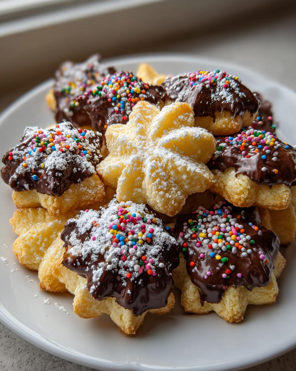 A pile of star-shaped Italian butter cookies, some dipped in chocolate and rainbow sprinkles, others dusted with powdered sugar.