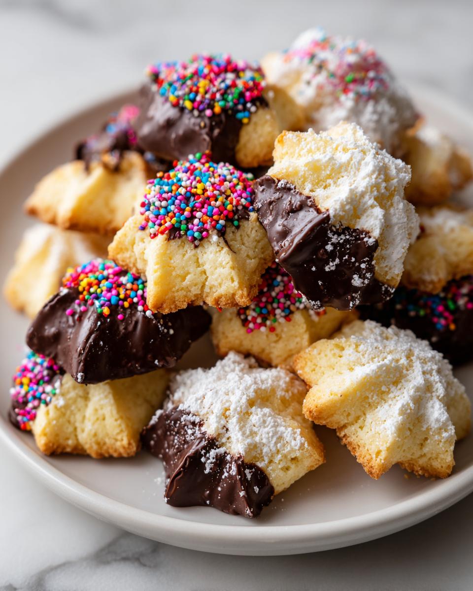 A pile of star-shaped Italian butter cookies, half-dipped in chocolate and topped with rainbow sprinkles or powdered sugar.