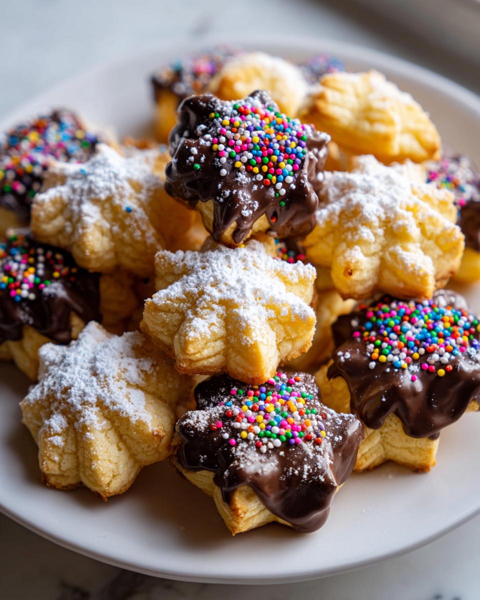 A pile of star-shaped Italian butter cookies, some dipped in chocolate and rainbow sprinkles, others dusted with powdered sugar.