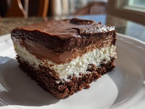 A square slice of layered Italian love cake featuring a dark chocolate base, white creamy layer, and thick chocolate frosting.