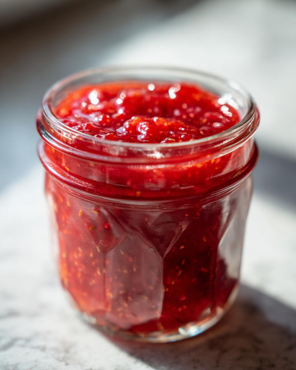 A close-up, sunlit photo of a glass jar filled with vibrant red strawberry freezer jam.